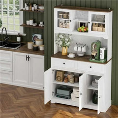 Kitchen Hutch with Buffet Cupboard, Utility Pantry Cabinet with Microwave Stand,Tall Kitchen Cabinets with Adjustable Shelves