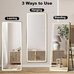 Full Length Standing Mirror with LED Lights,3 Colors Dimmable Lighting Round Rectangle Full Body Mirror, Wall Mirror