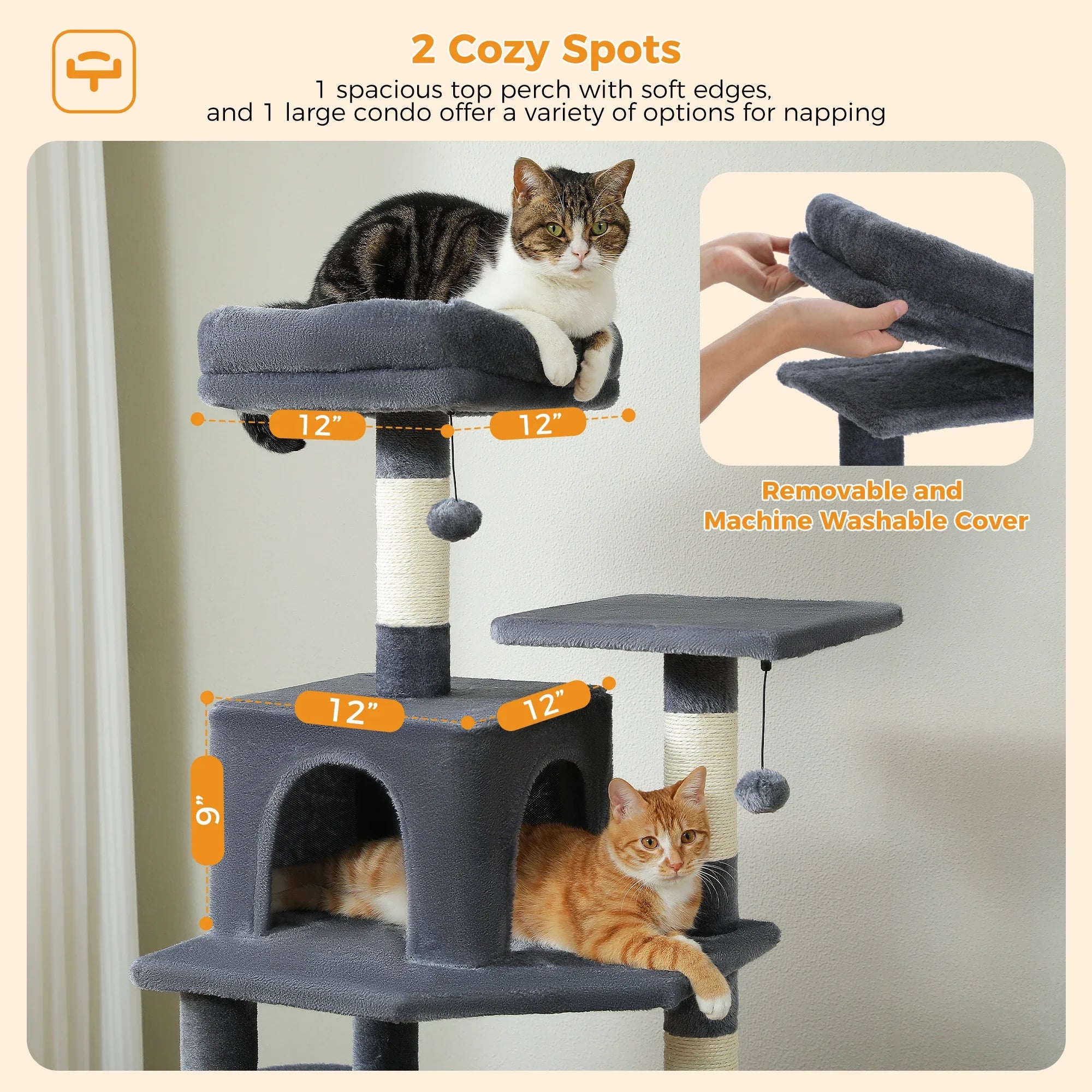 H184CM Large Cat Tower with Sisal Scratching Posts Spacious Condo Perch Stable for Kitten Multi-Level Tower Indoor Cozy Hummocks