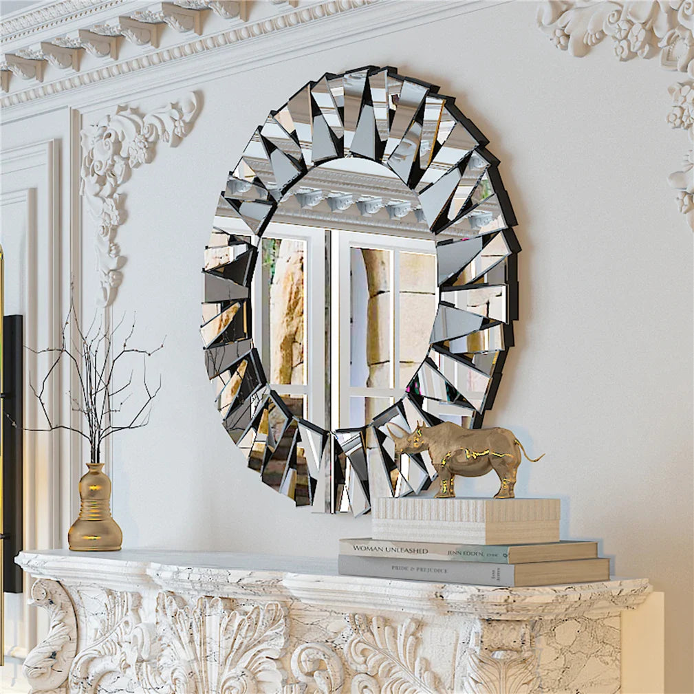 Unique Sunburst Decorative Wall Mirror Round 800MM Silver Beveled Glass Accent Mirrors Bathroom