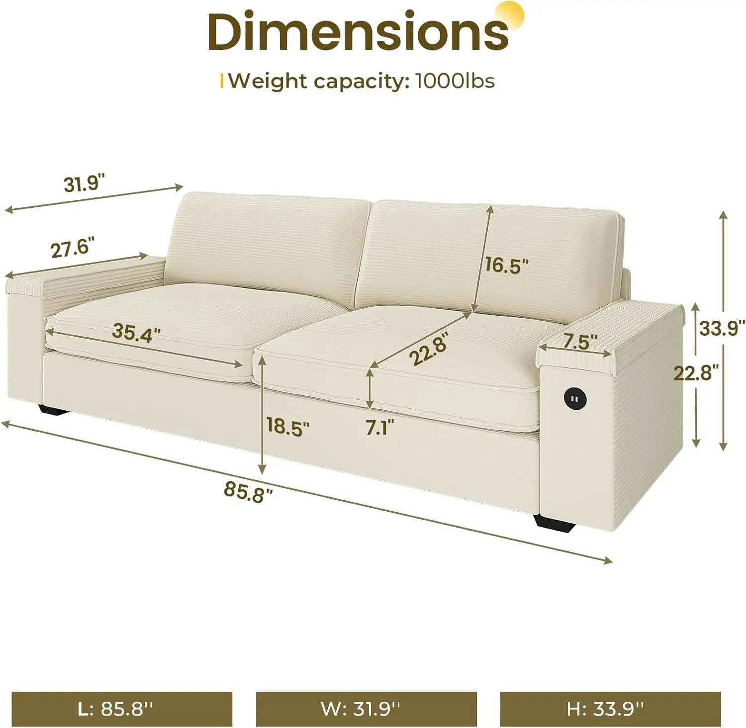 Modern Sofas Couches for Living Room, Comfy Couch with Extra Deep Seats, Oversized Loveseat Sofa with Storage and 2 USB C