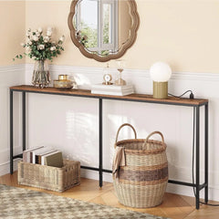 Console Table with Power Outlet, 70.9" Narrow Sofa Table, Industrial Entryway Table with USB Ports, Behind Couch Table