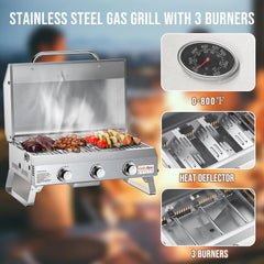 Onlyfire Tabletop Gas Grill 3 Burners, 24" Stainless Steel Portable Propane Grill with Foldable Legs 2024 HOT