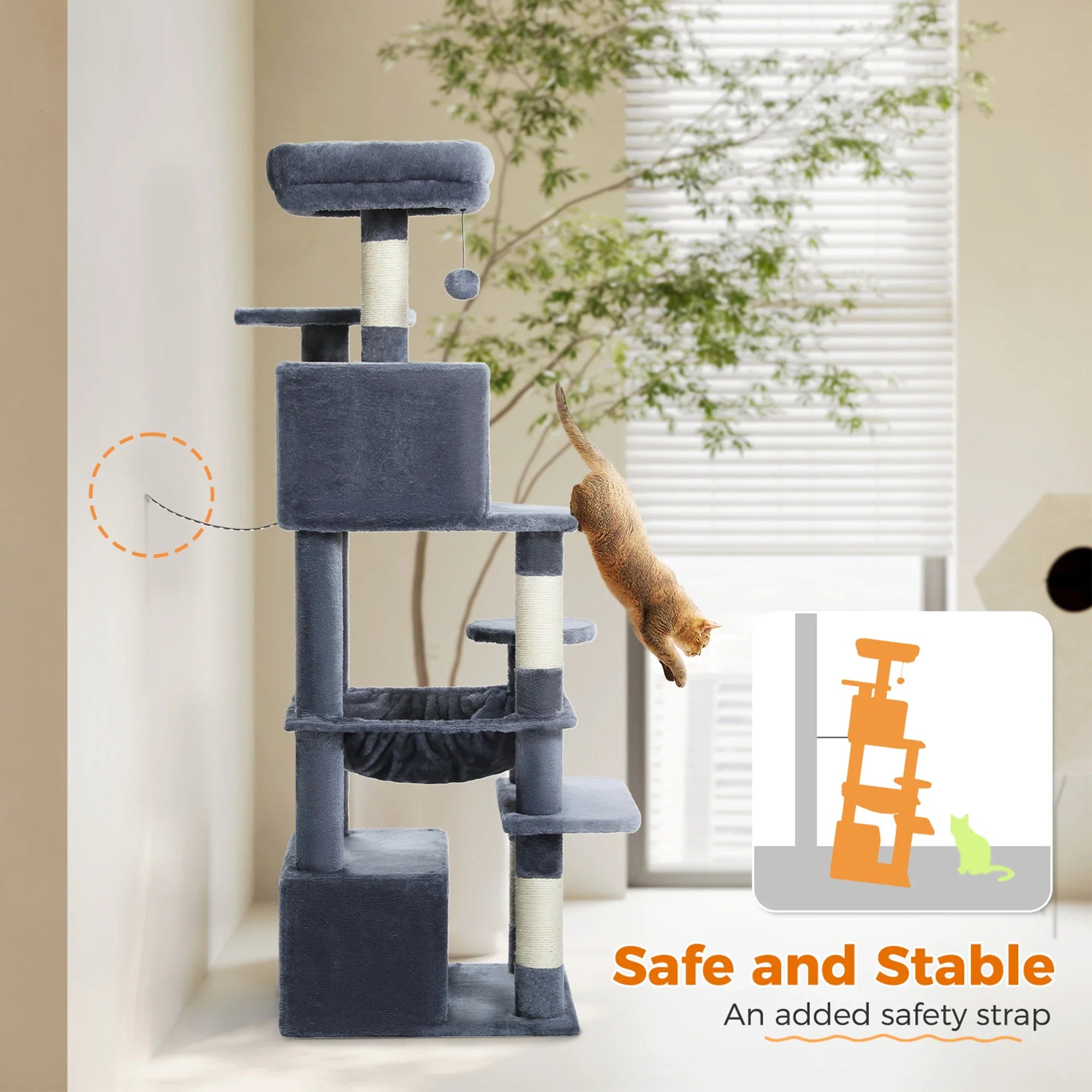 H184CM Large Cat Tower with Sisal Scratching Posts Spacious Condo Perch Stable for Kitten Multi-Level Tower Indoor Cozy Hummocks