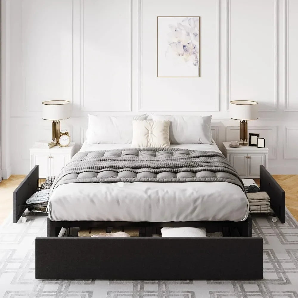 Queen Bed Frame with Storage, 3 Large Drawers on Wheels, Fabric Upholstered Platform Bed, No Box Spring Needed