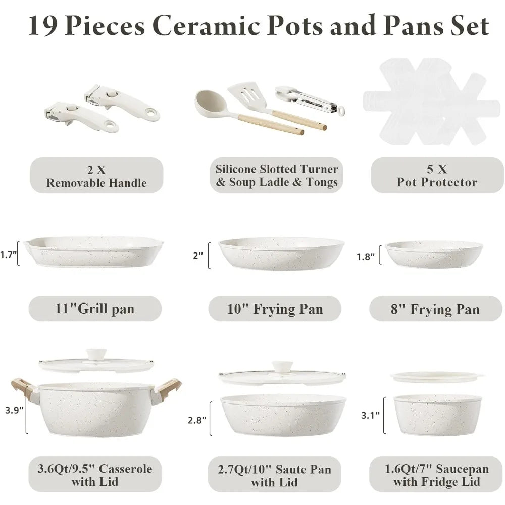 19 Pcs Pots and Pans Set Non Stick Ceramic Cookware Set with Removable Handles, Non Toxic Induction Kitchen Cookware Sets RV