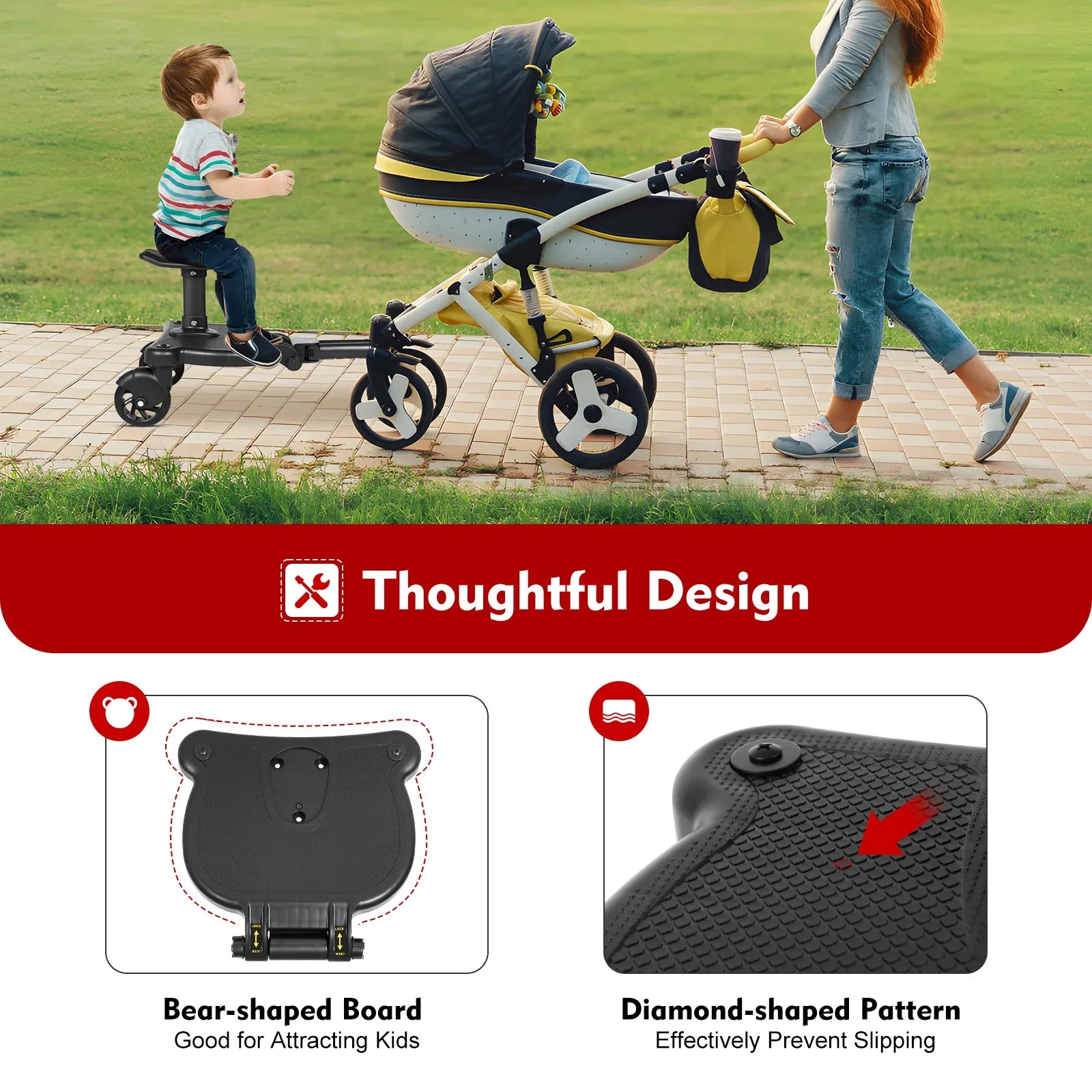 Universal Stroller Board 2 in1 Stroller Ride Board Buggy Wheeled Board Seat Pedal W/ Detachable Seat Maximum Load Capacity 25kg