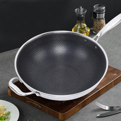 Stainless Steel Non Stick Double Sided Screen Honeycomb Wok Frying Pan Kitchen Chinese Cast Cooking Fry Pan 34cm