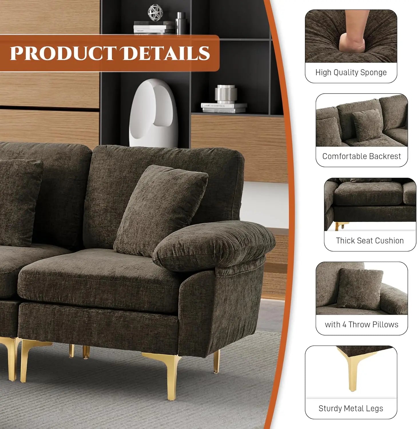 U-Shaped Sectional Sofa Couch, 4 Seat Sofa Set for Living Room, Convertible L-Shaped Velvet Couch Set with Chaise Lounge