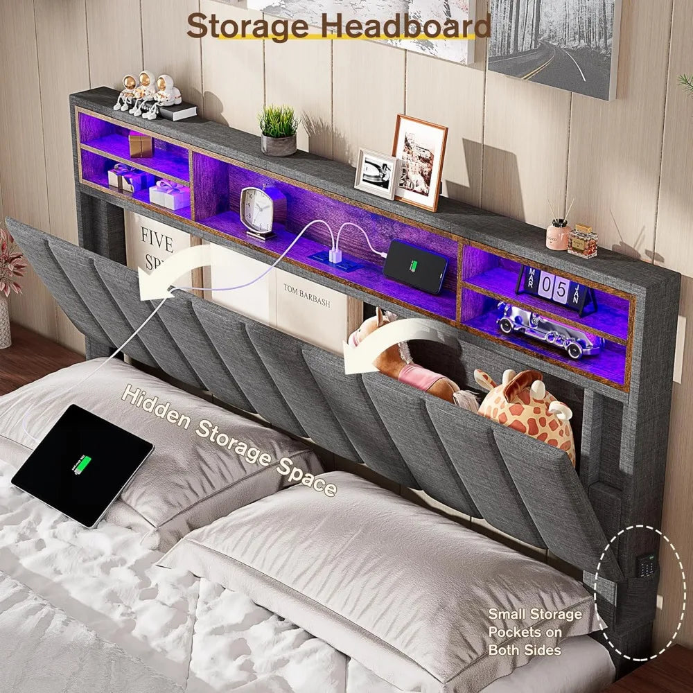 Queen Bed Frame with 4 Storage Drawers, LED Bed Frame with Charging Station and Adjustable Tall Bookcase Headboard