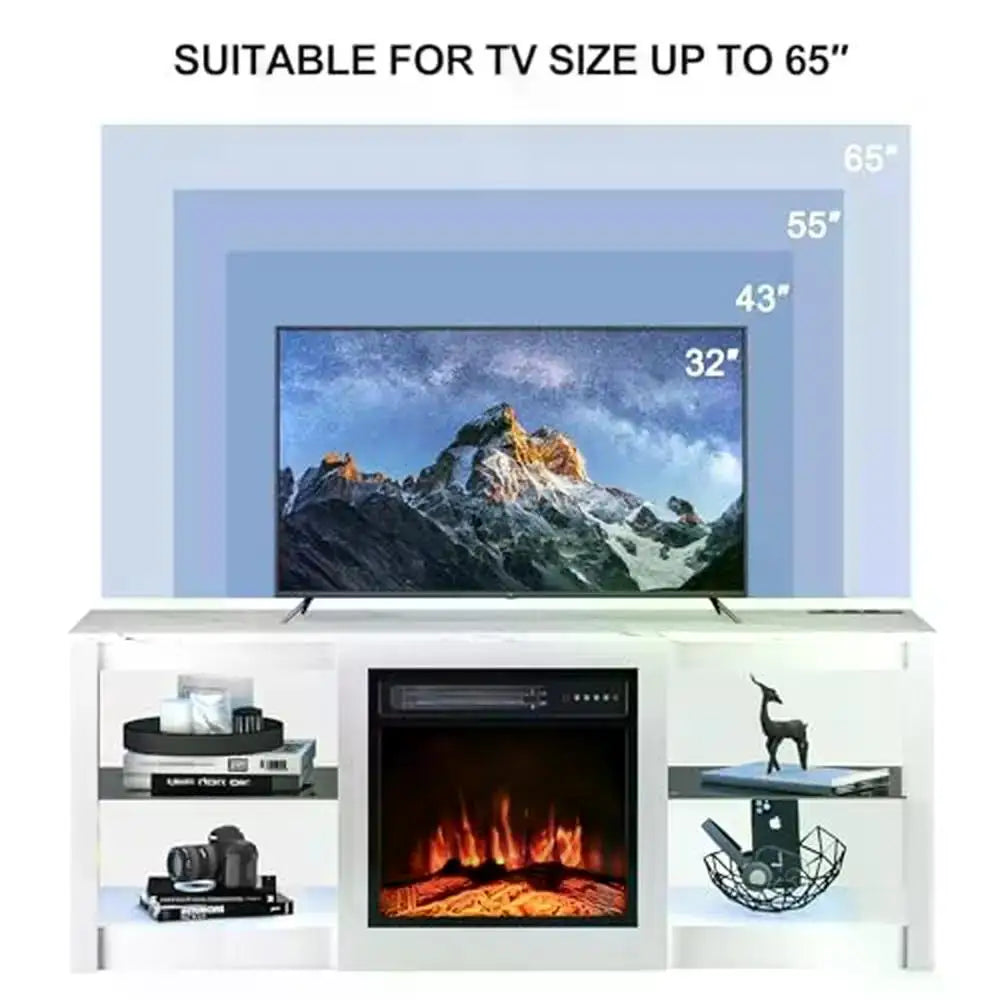 58" TV Stand Electric Fireplace Entertainment Center Glass Shelves USB Ports Adjustable Living Room Console Wood Matte Marble