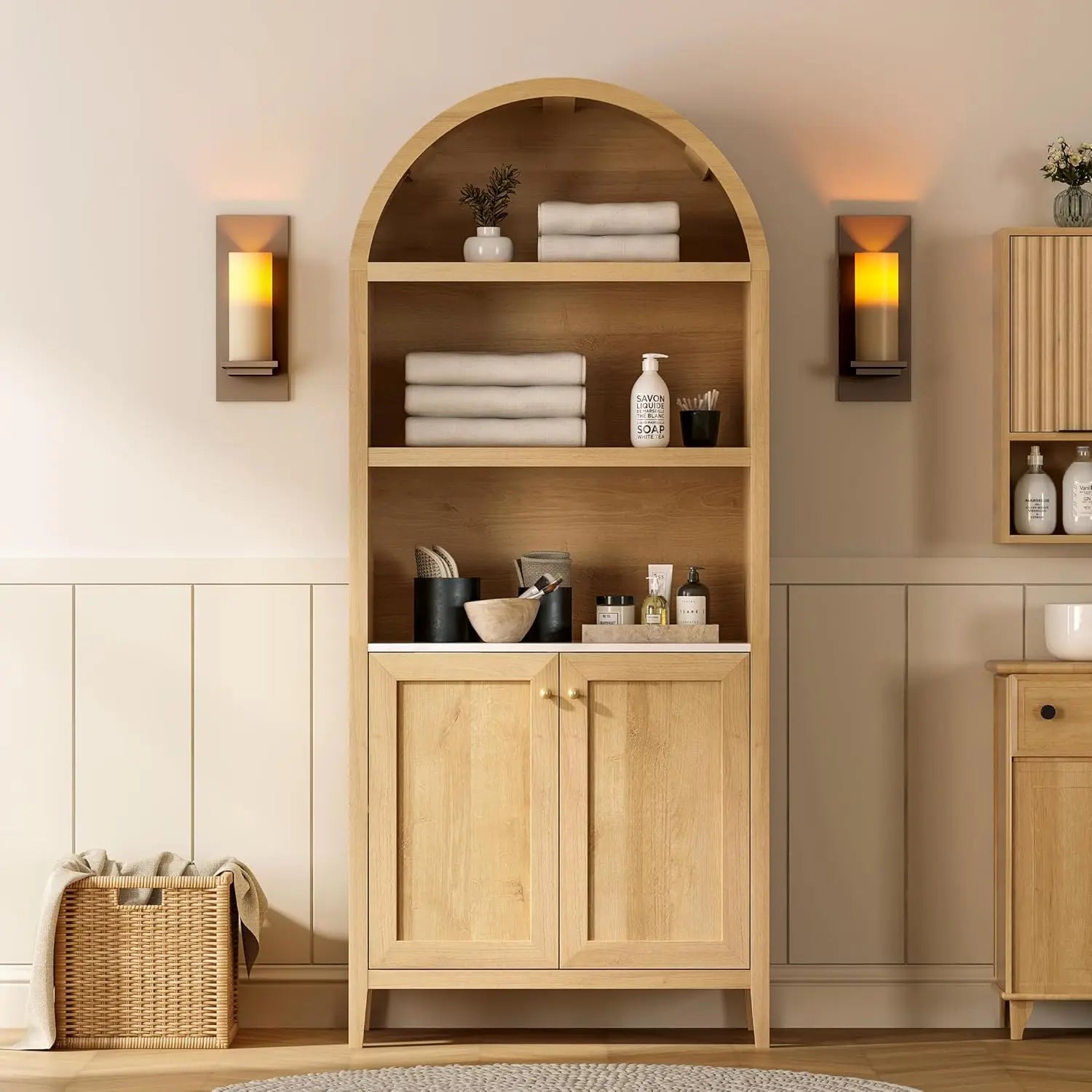 Arched Kitchen Pantry, 71" Tall Modern Farmhouse Wood Storage Cabinets with Faux Marble Top and Adjustable Shelves Cupboard