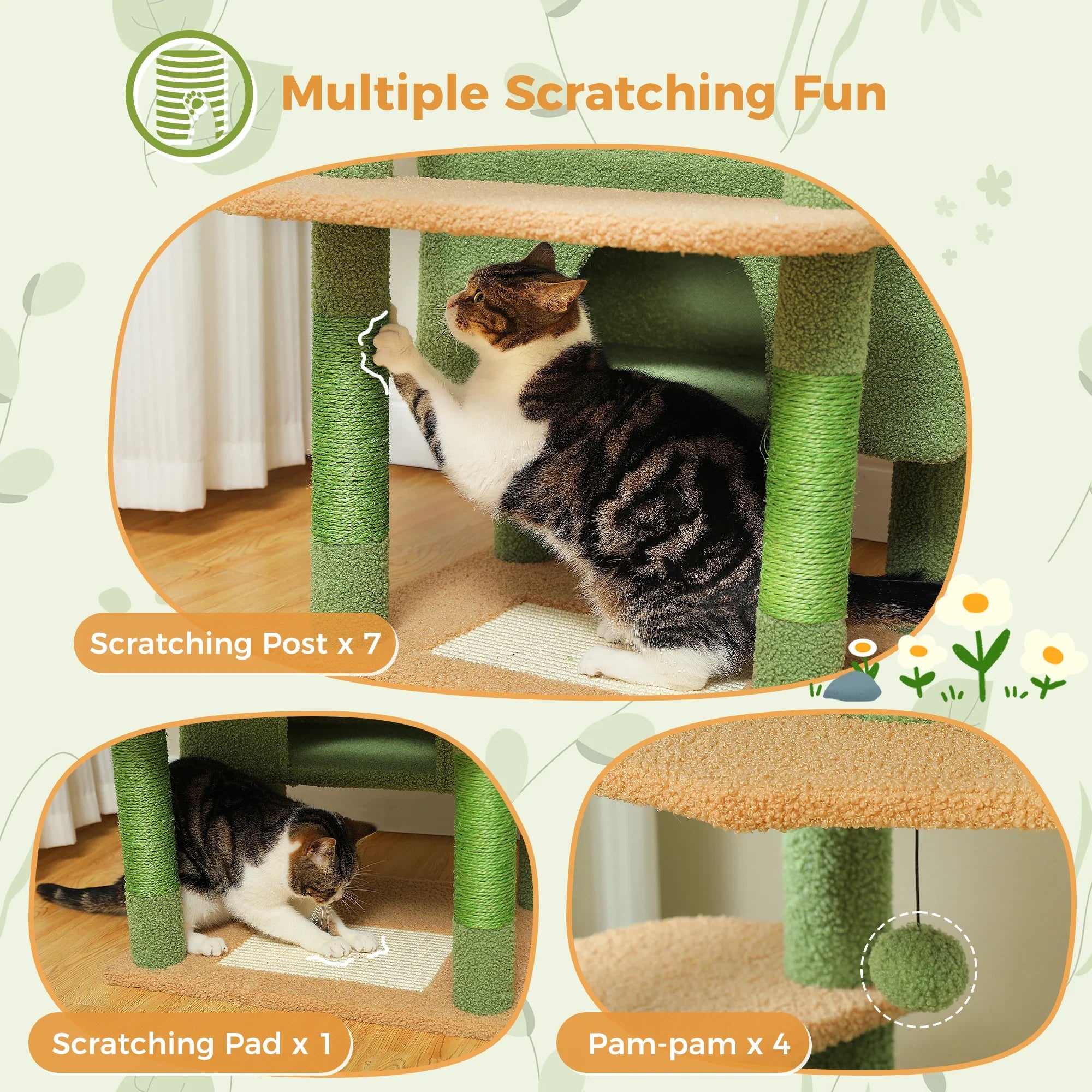 H184CM Large Cat Tower with Sisal Scratching Posts Spacious Condo Perch Stable for Kitten Multi-Level Tower Indoor Cozy Hummocks