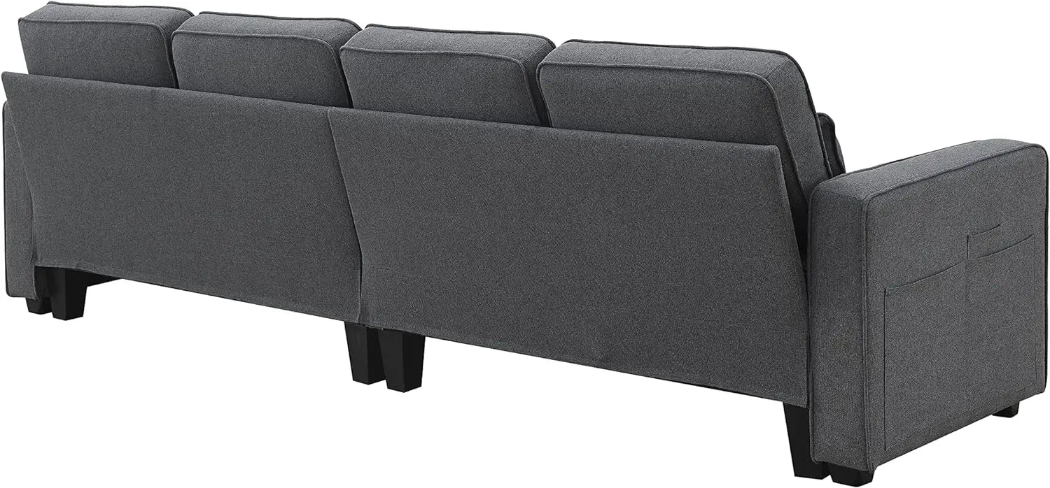 Linen Fabric Sofa with Armrest Pockets and 4 Pillows, Minimalist Style 4-Seater Couch for Living Room, Apartment