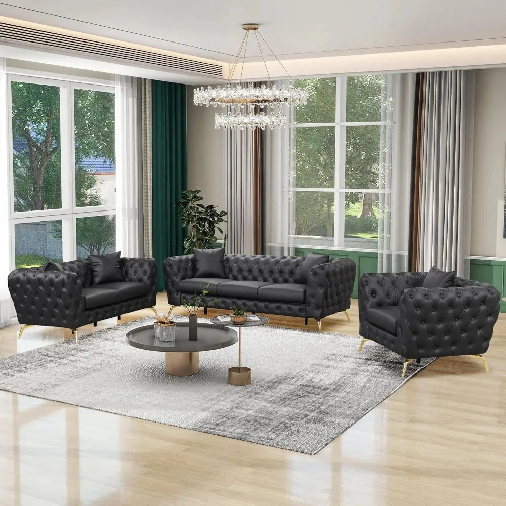 Modern Sofa Sets with Metal Legs, Button Tufted Back, PU Upholstered Couches Sets