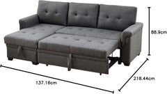 Lucca 84" W Dark Gray Linen Reversible Sleeper Sectional Sofa with Storage Chaise