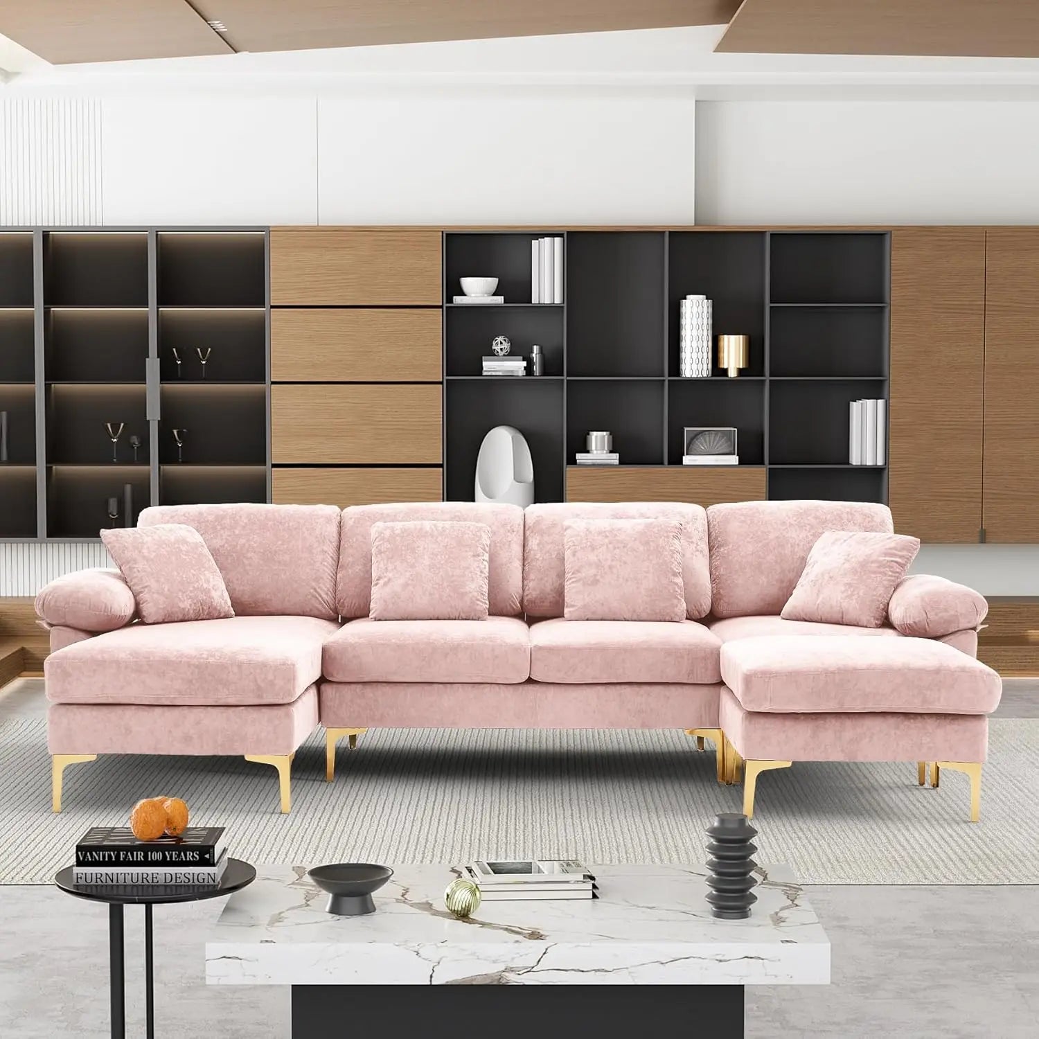 U-Shaped Sectional Sofa Couch, 4 Seat Sofa Set for Living Room, Convertible L-Shaped Velvet Couch Set with Chaise Lounge