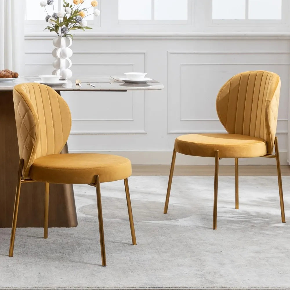 Dining Chairs Set of 4,Velvet Yellow Chairs,Modern Upholstered Vanity Chairs with Golden Metal Leg for Kitchen