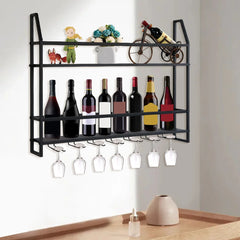 66lbs Bar Restaurant Wine Racks Wall Mounted Steel Glass Holders Black for 12 Wine& 7 Glasses