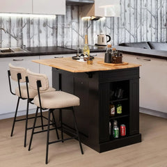 Kitchen Island with Drop Leaf, Rubber Wood Top, 2 Drawers, Storage Cabinets, Spice Racks, Adjustable Shelves