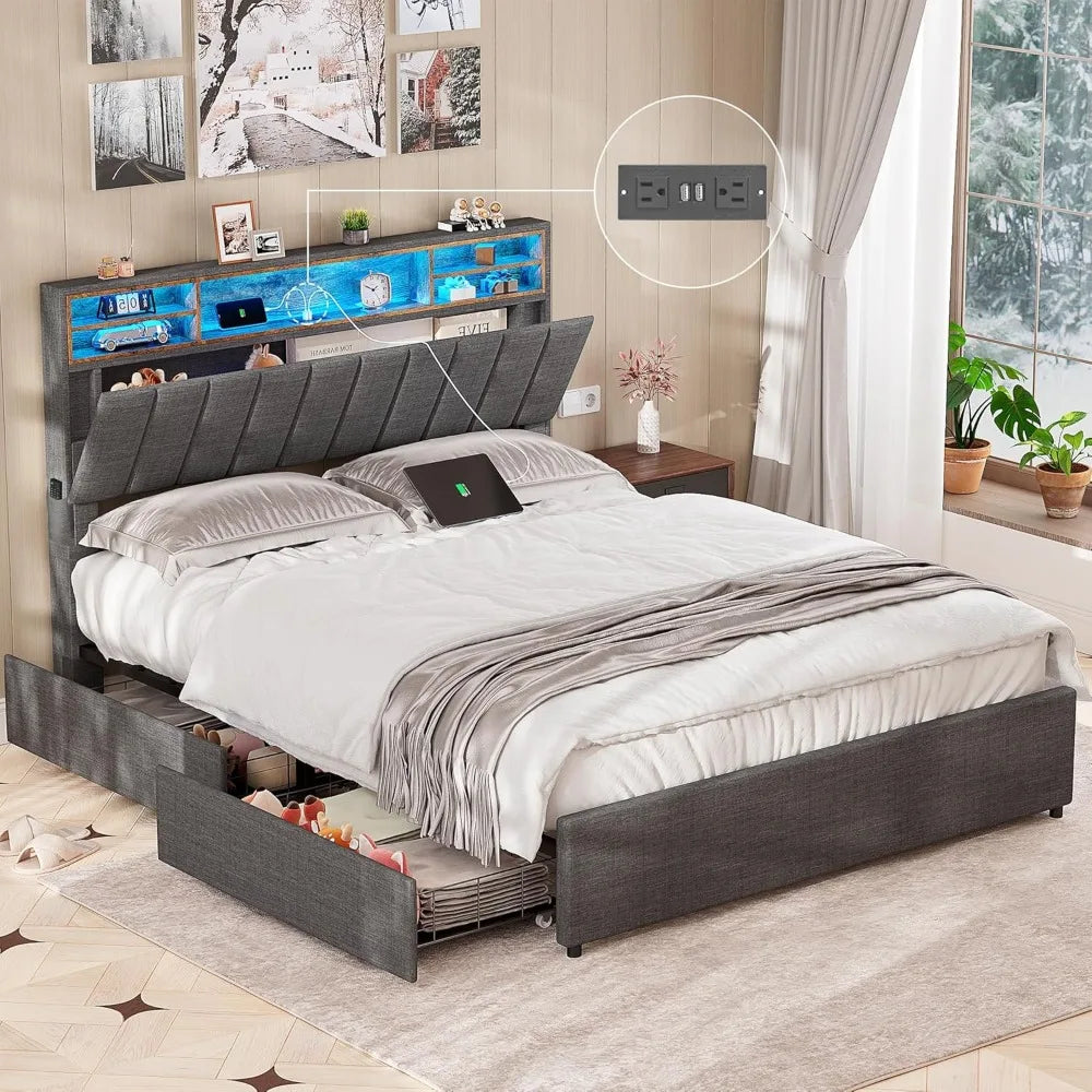 Queen Bed Frame with 4 Storage Drawers, LED Bed Frame with Charging Station and Adjustable Tall Bookcase Headboard