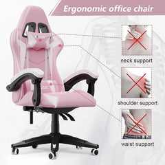 Ergonomic Gaming Chair Gamer Chairs with Lumbar Cushion + Headrest, Height-Adjustable Computer Office Chair for Girls, Boys