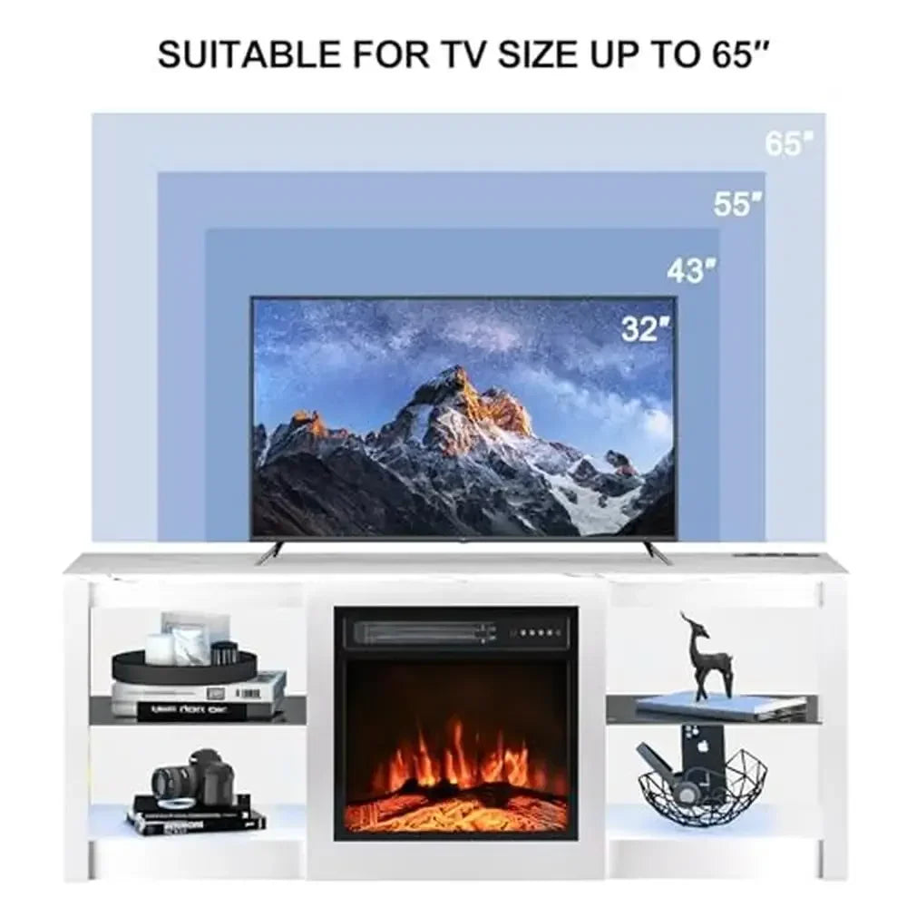 58" TV Stand Electric Fireplace Entertainment Center Glass Shelves USB Ports Adjustable Living Room Console Wood Matte Marble