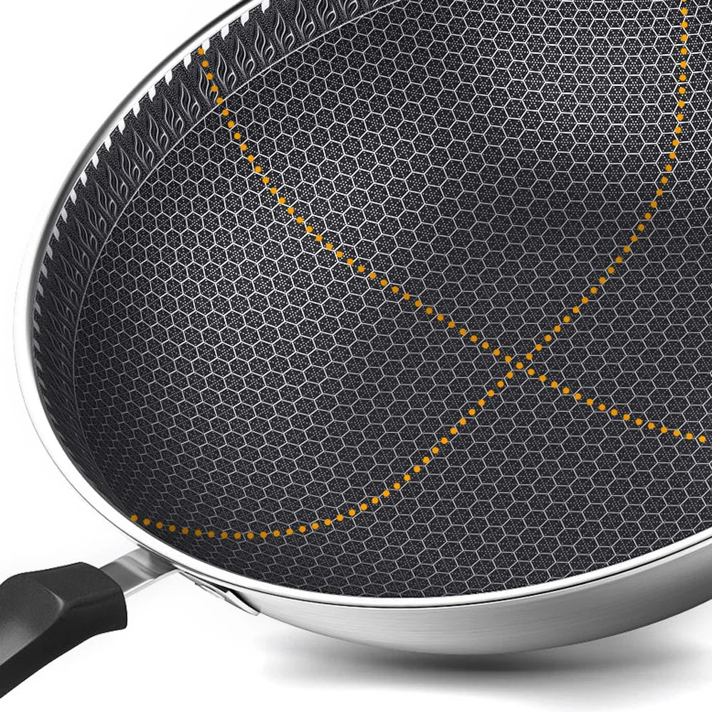 Stainless Steel Non Stick Double Sided Screen Honeycomb Wok Frying Pan Kitchen Chinese Cast Cooking Fry Pan 34cm