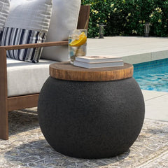 Outdoor Indoor Side Table 17" Outdoor End Tables for Patio, Accent Side Table Set of 2 Decorative Garden Stool Wooden-Look