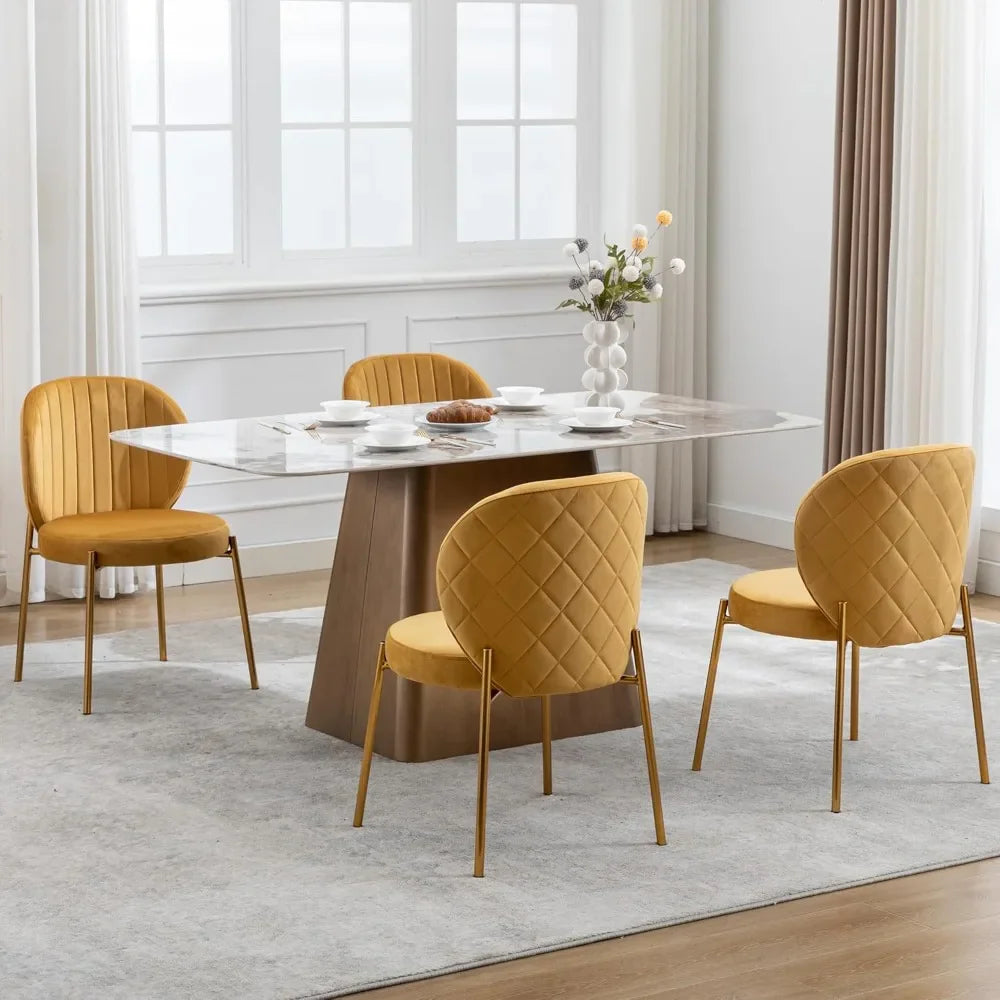 Dining Chairs Set of 4,Velvet Yellow Chairs,Modern Upholstered Vanity Chairs with Golden Metal Leg for Kitchen