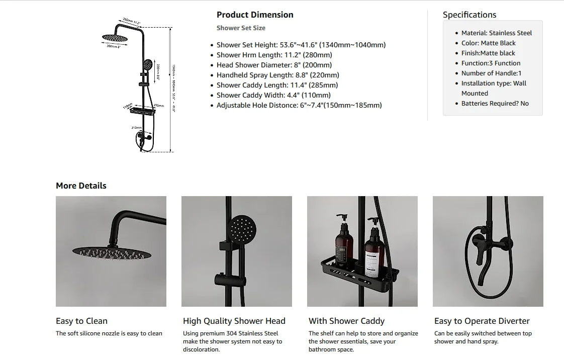 KEMAIDI Matte Black Rainfall Shower Faucet Set Single Lever Bathtub Shower Mixer Faucet & Storage Shelf  Shower Mixer Water Tap