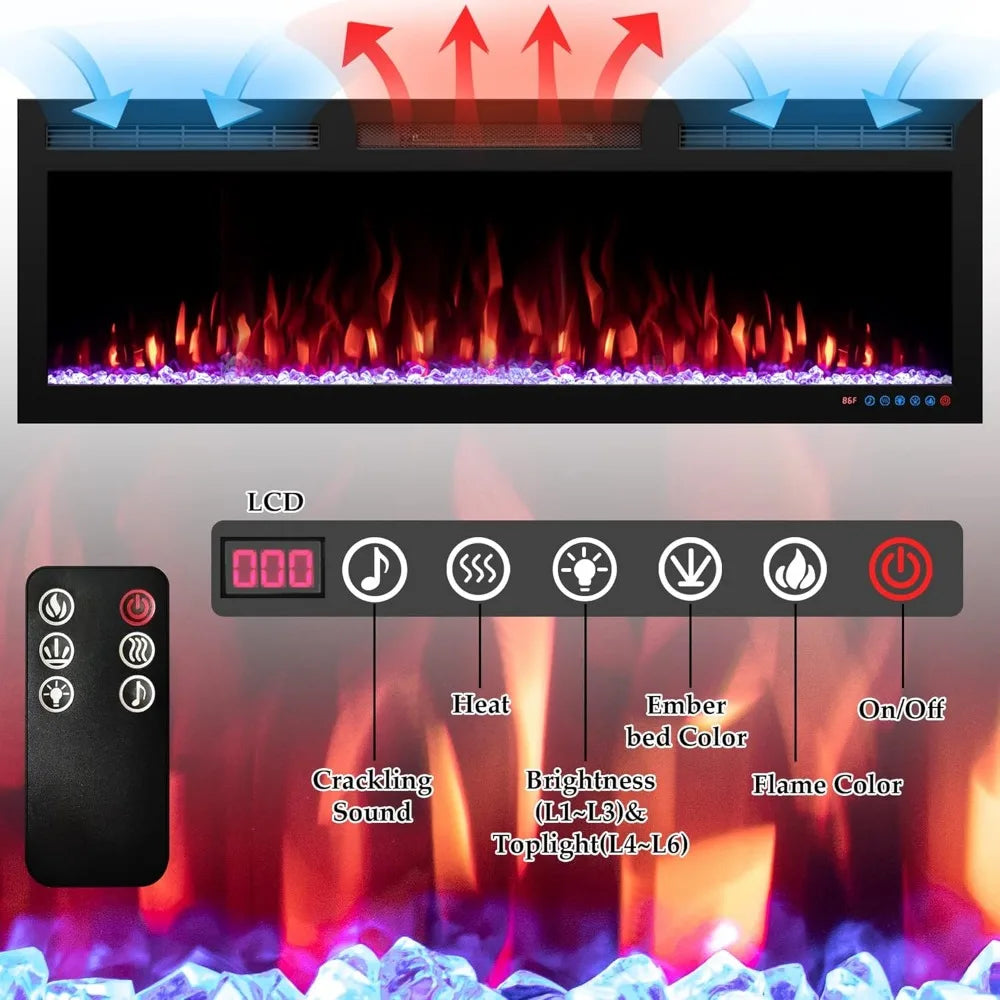 50" WiFi-Enabled Electric Fireplace, Smart Control via Alexa or App, Recessed & Wall Mounted Fireplace Heater