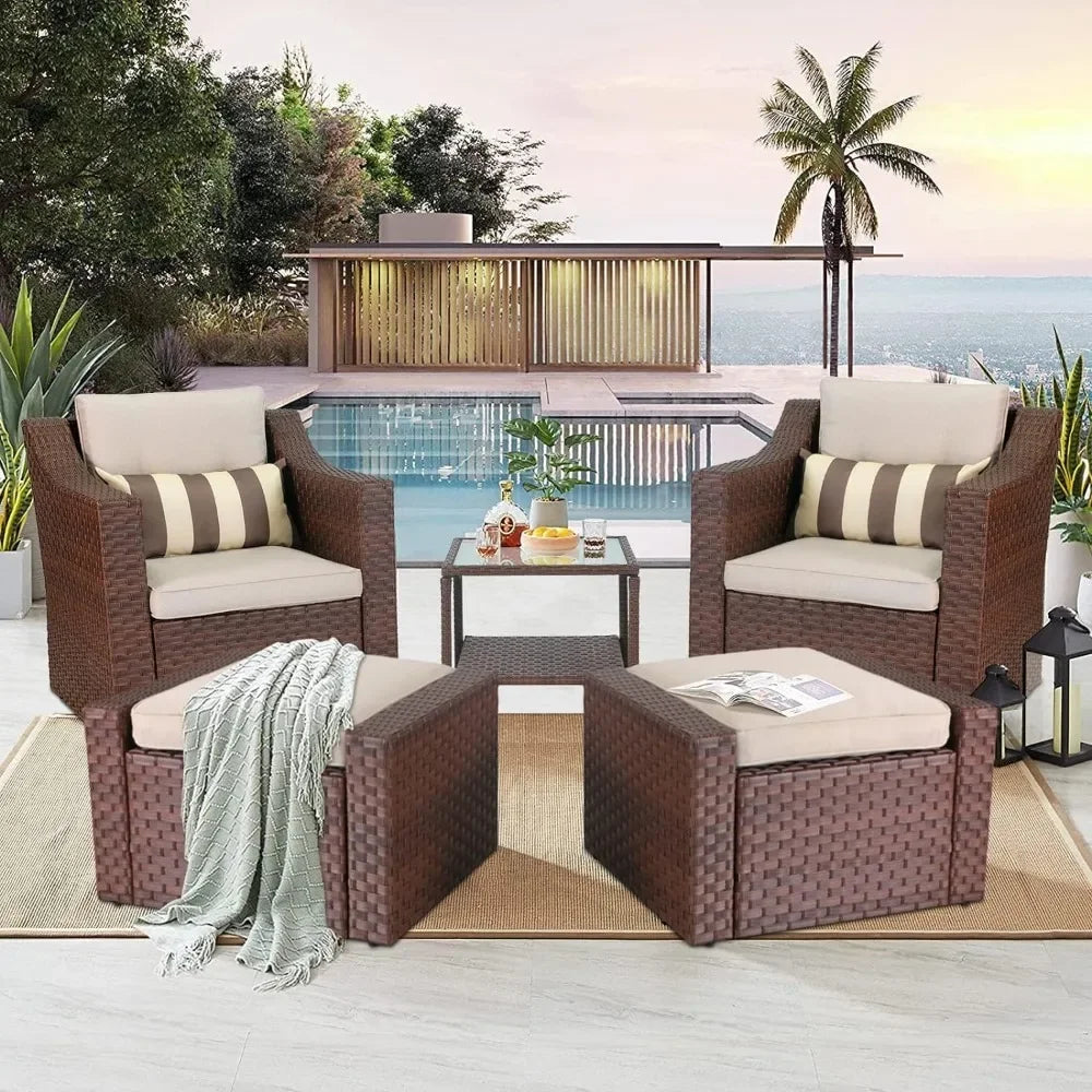 Piece Patio Conversation Set Outdoor Furniture Set, Brown Wicker Lounge Chair with Ottoman Footrest, W/Coffee Table & Cushions