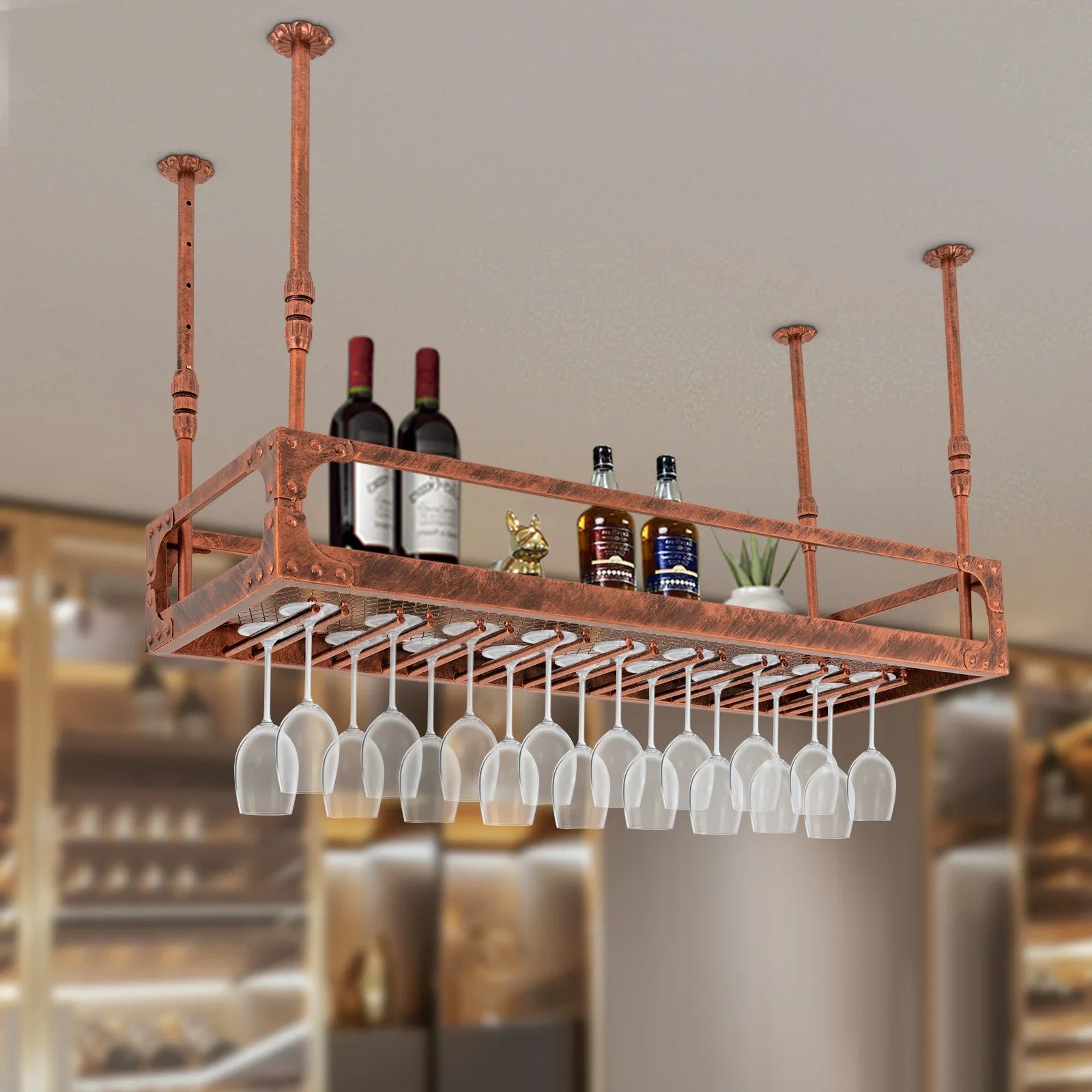 100cm Wine Bottle Holder Champagne Glass Rack Wine Organizer Vintage Ceiling Mounted Bar Floating Shelf