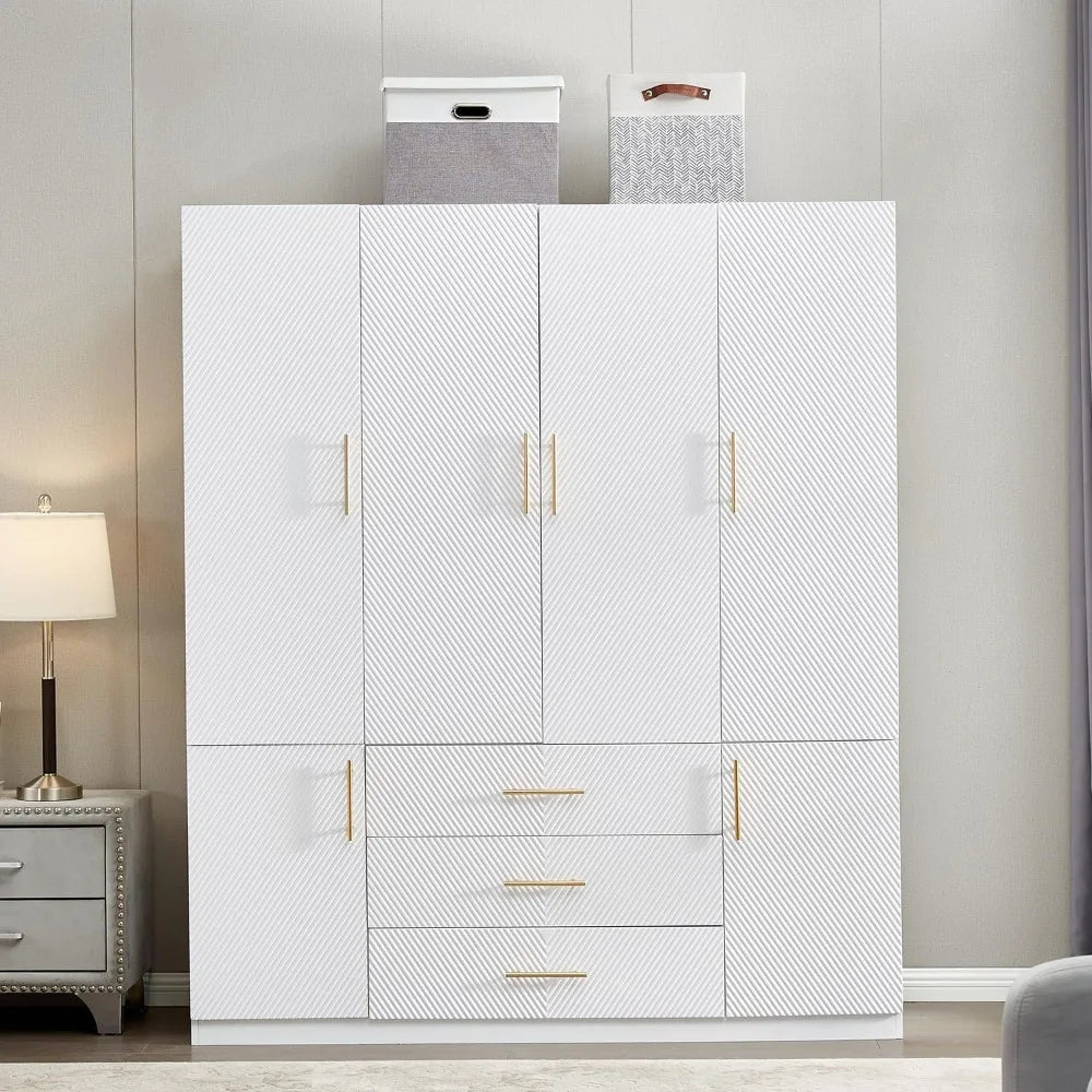 74.2" Tall 4 Doors 3 Drawers White Closet Wardrobe Large Bedroom Freestanding Storage Closet Cabinet Bathroom Clothes Storage