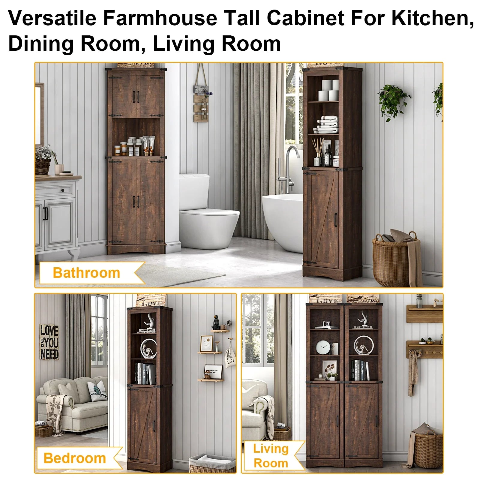 Farmhouse Storage Cabinet, 5-Shelf Tall Bathroom Cabinet with Barn Door&Adjustable Shelves, Rustic Bookshelf, Kitchen Cabinet