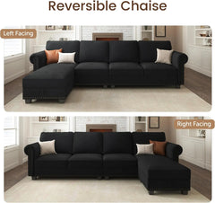 Velvet Sectional Sofa L Shaped Sectional Couch Convertible Sofa Couch with Reversible Chaise 4 Seater Sofa for Small Space Black