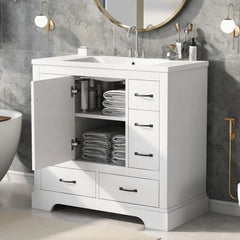 36" Bathroom Vanity with Sink ,6 Drawers & One Cabinet with Adjustable Shelf, Bathroom Cabinet with Ceramic Basin for Bathroom