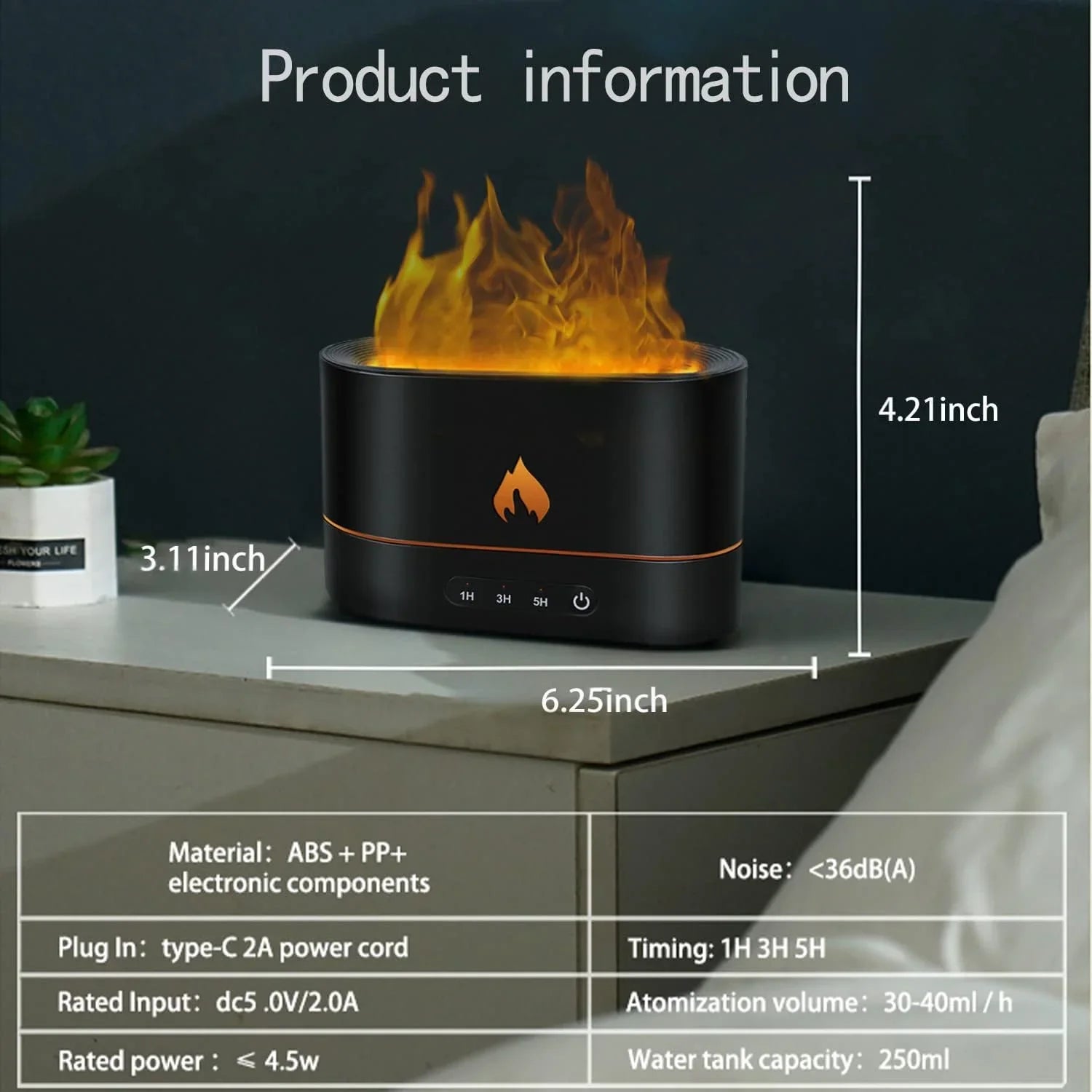 Essential Oil Diffuser - Aromatherapy Cool Mist Humidifier for Bedroom Simulated Flame Night Light  Diffuser Auto Shut Off  Time