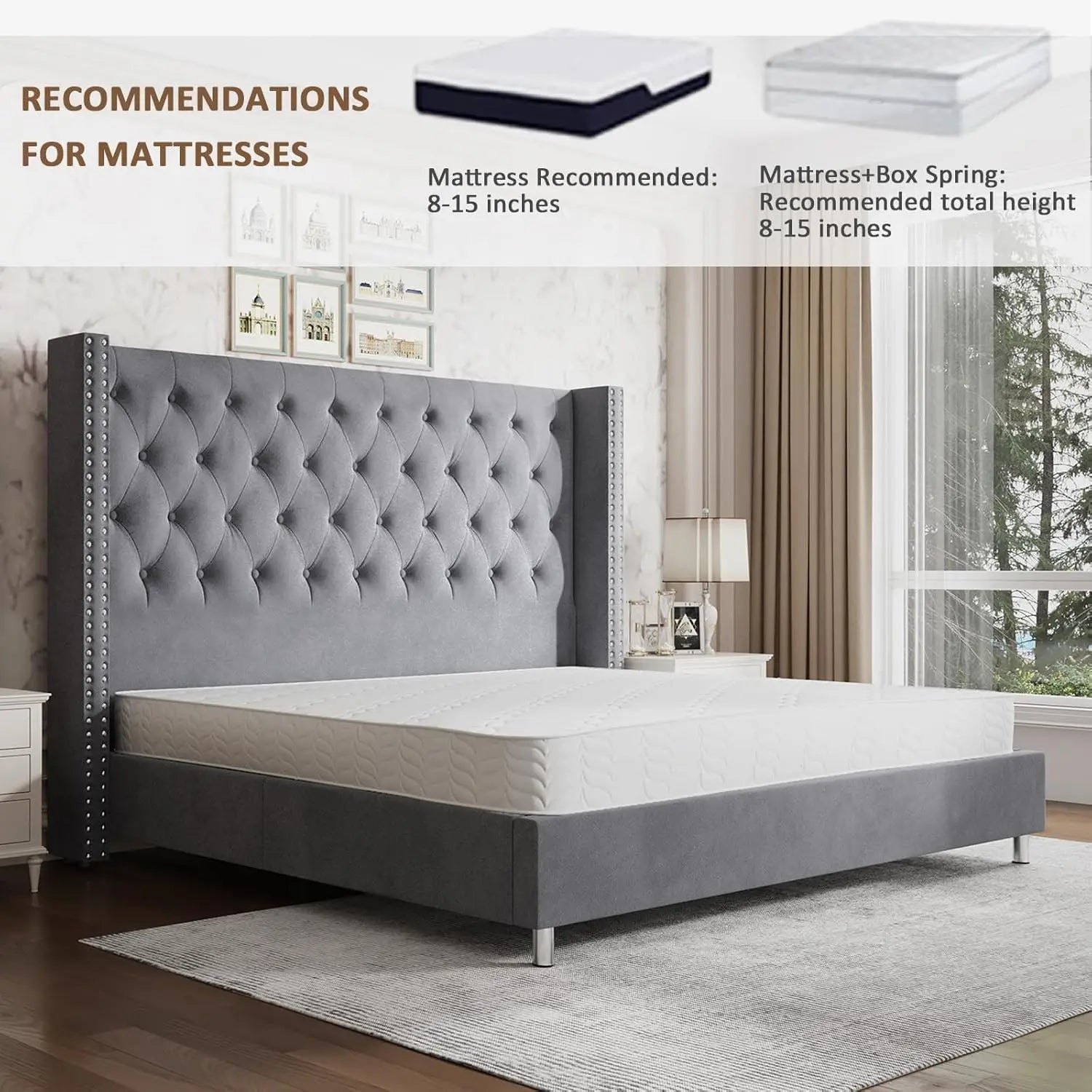 NEW Queen Bed Frame Upholstered Bed Wingback Headboard Velvet Tufted Diamond Button/No Box Spring Needed/Easy Assembly/Gray