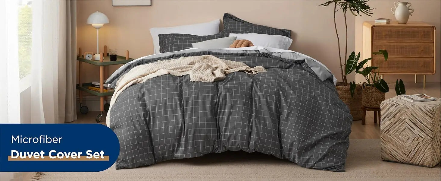 Bedsure Plaid Duvet Cover Twin Size - Grid Duvet Cover Set for Kids with Zipper Closure, Dark Grey Bedding Set