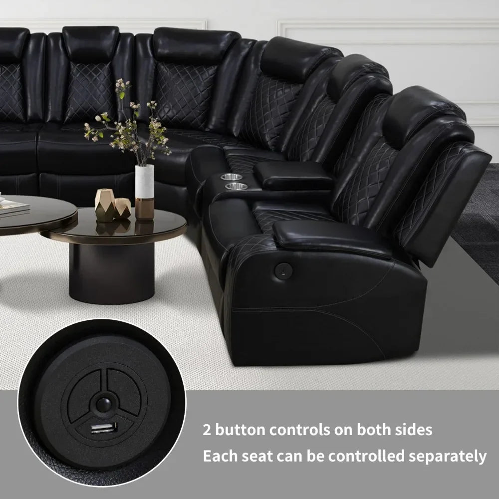 Recliner, Power Recliner Sofa Sectional Couches with LED Light, Leather Reclining Corner Sectional Sofa Set with 3 Recliner Seat