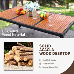 9 Piece Patio Dining Set Outdoor Acacia Wood Table and Chairs with Soft Cushions Wicker Patio Furniture for Deck, Backyard