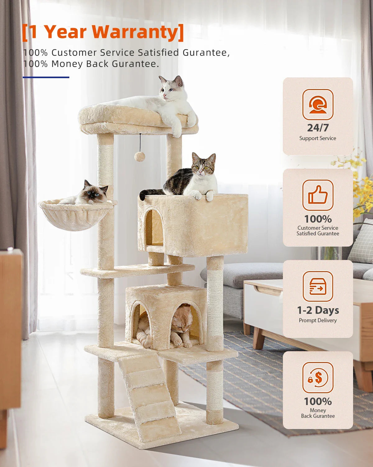 Multi-Level Cat Tree with Condo Scratching Posts Large Cat Tower with Hammock Cat Accessories Kitty Cat Toys Cat Pet Supplies