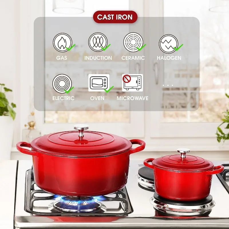 Enameled Cast Iron Dutch Oven Set with Lids, 2pcs Cast Iron Pot, 6QT & 1.5QT Enamel Cookware Pot, Red