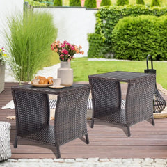 Outdoor Patio Side Table Set of 2 Small Brown Wicker Rattan End Table for Outside Storage Coffee Table with Poly LumberTableTop