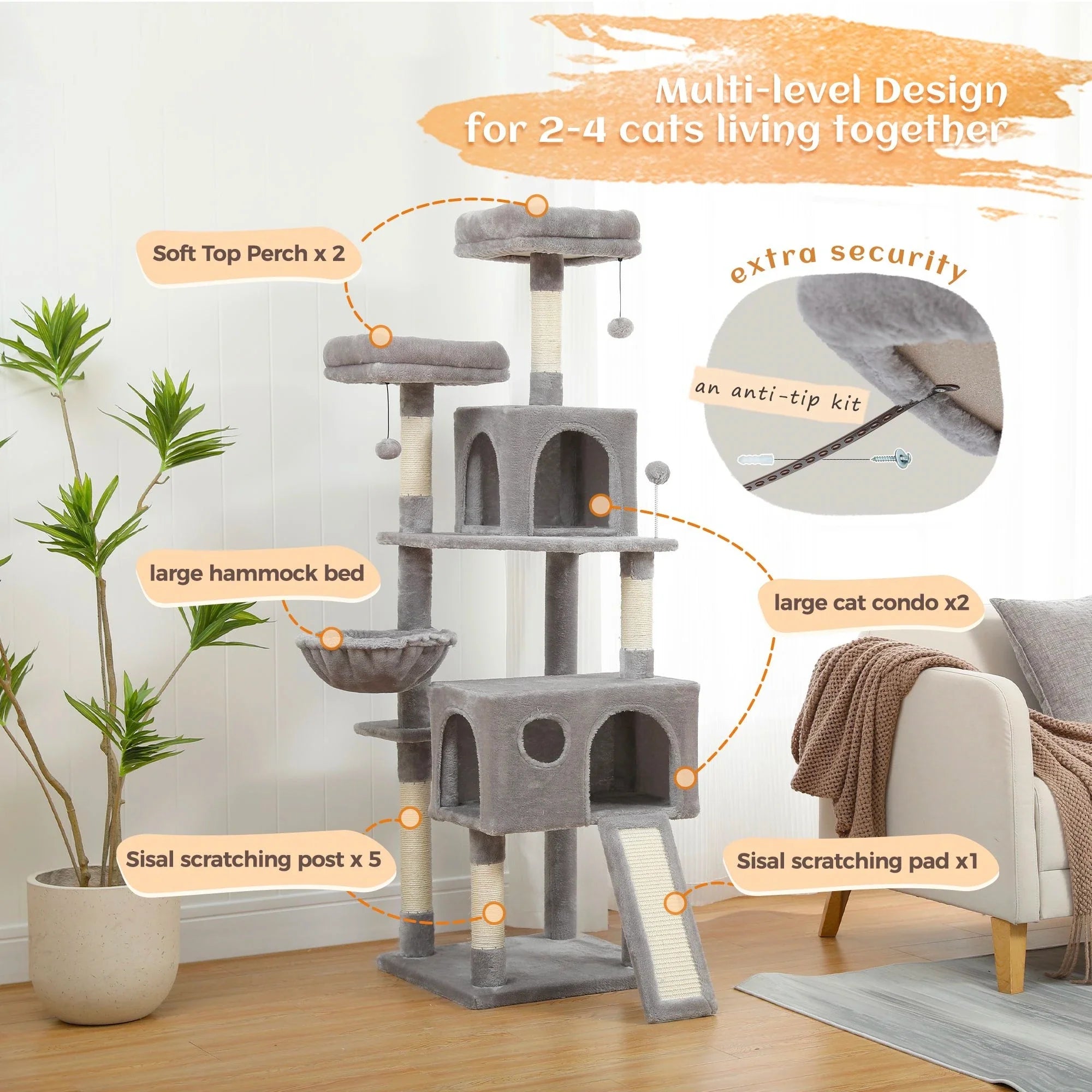 Multi-Level Cat Tree with Condo Scratching Posts Large Cat Tower with Hammock Cat Accessories Kitty Cat Toys Cat Pet Supplies