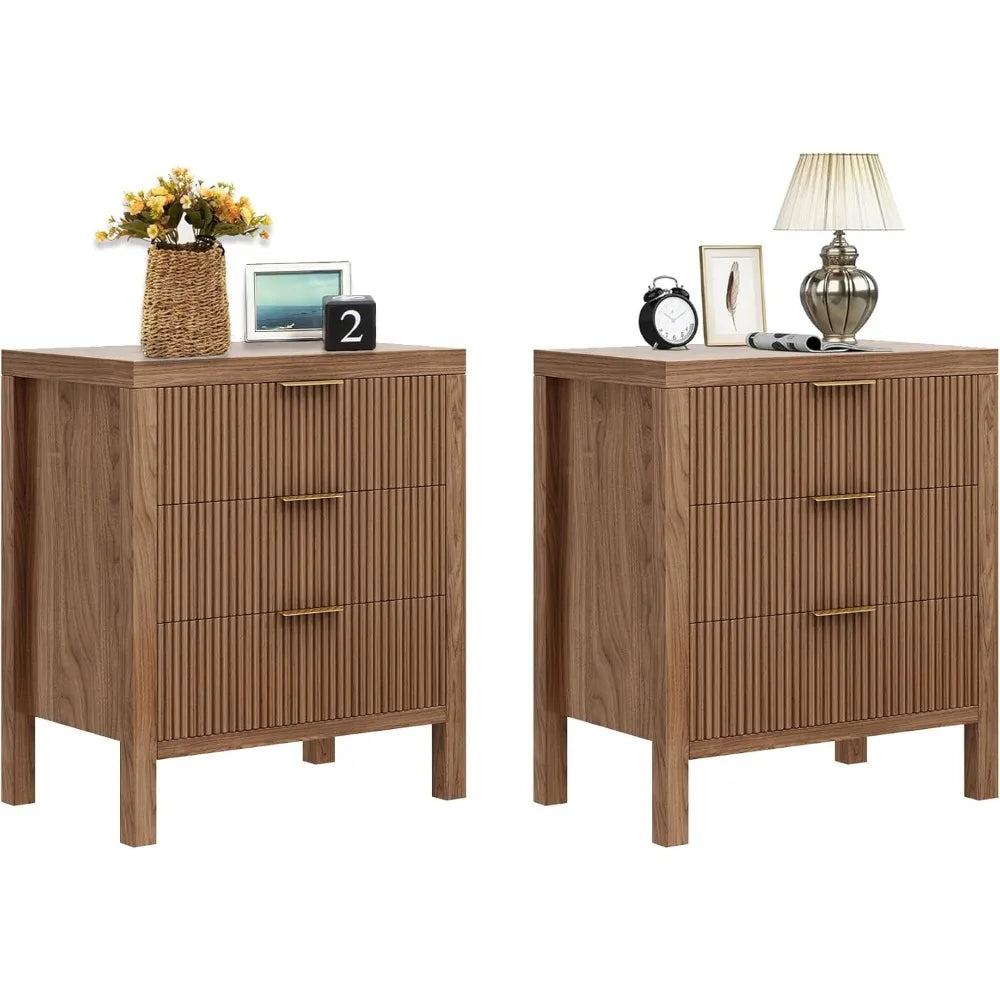 Fluted Nightstands Set of 2,Wooden Farmhouse Night Stands with 6 Drawer Bedside Table - Boho  End Table Accent Table for Bedroom