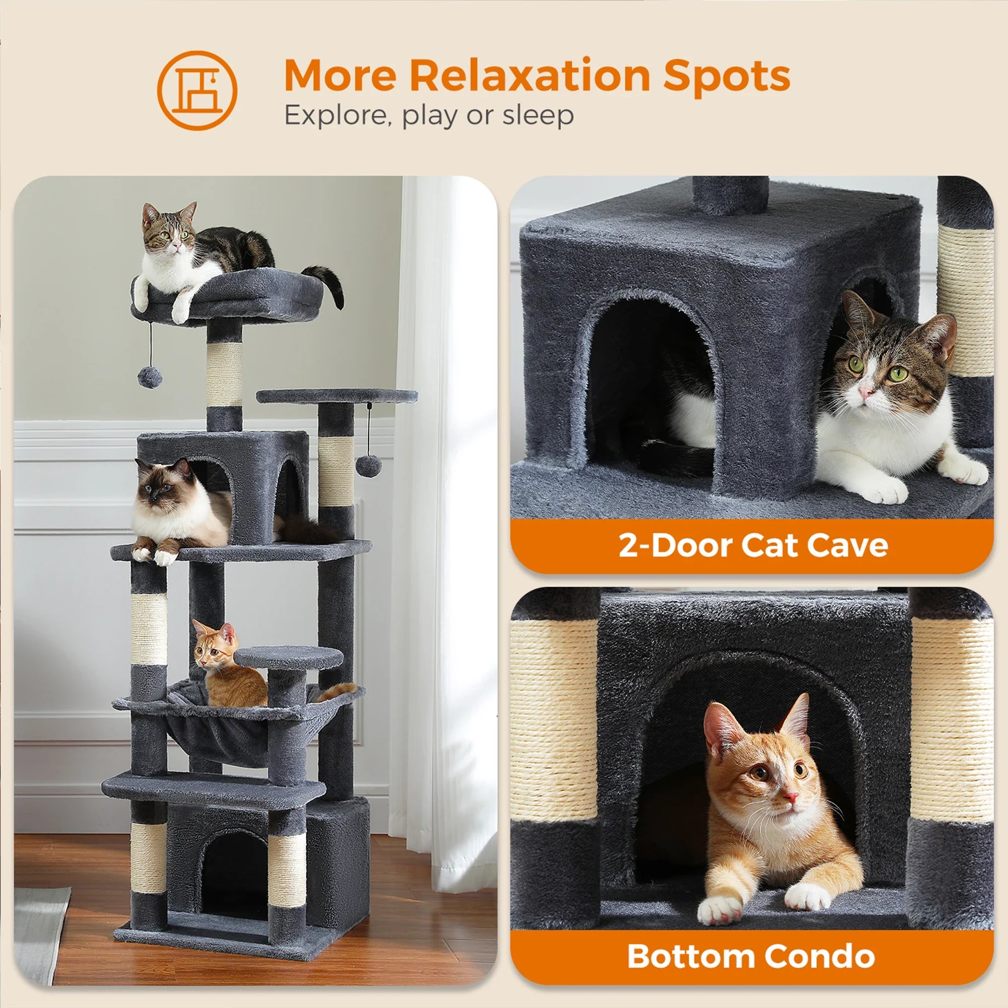 H184CM Large Cat Tower with Sisal Scratching Posts Spacious Condo Perch Stable for Kitten Multi-Level Tower Indoor Cozy Hummocks