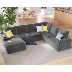 Oversized Sofa, 112 inch U Shaped Sofa with USB ports, Sectional Sofa Couch with Storage Chaise, Corduroy Grey